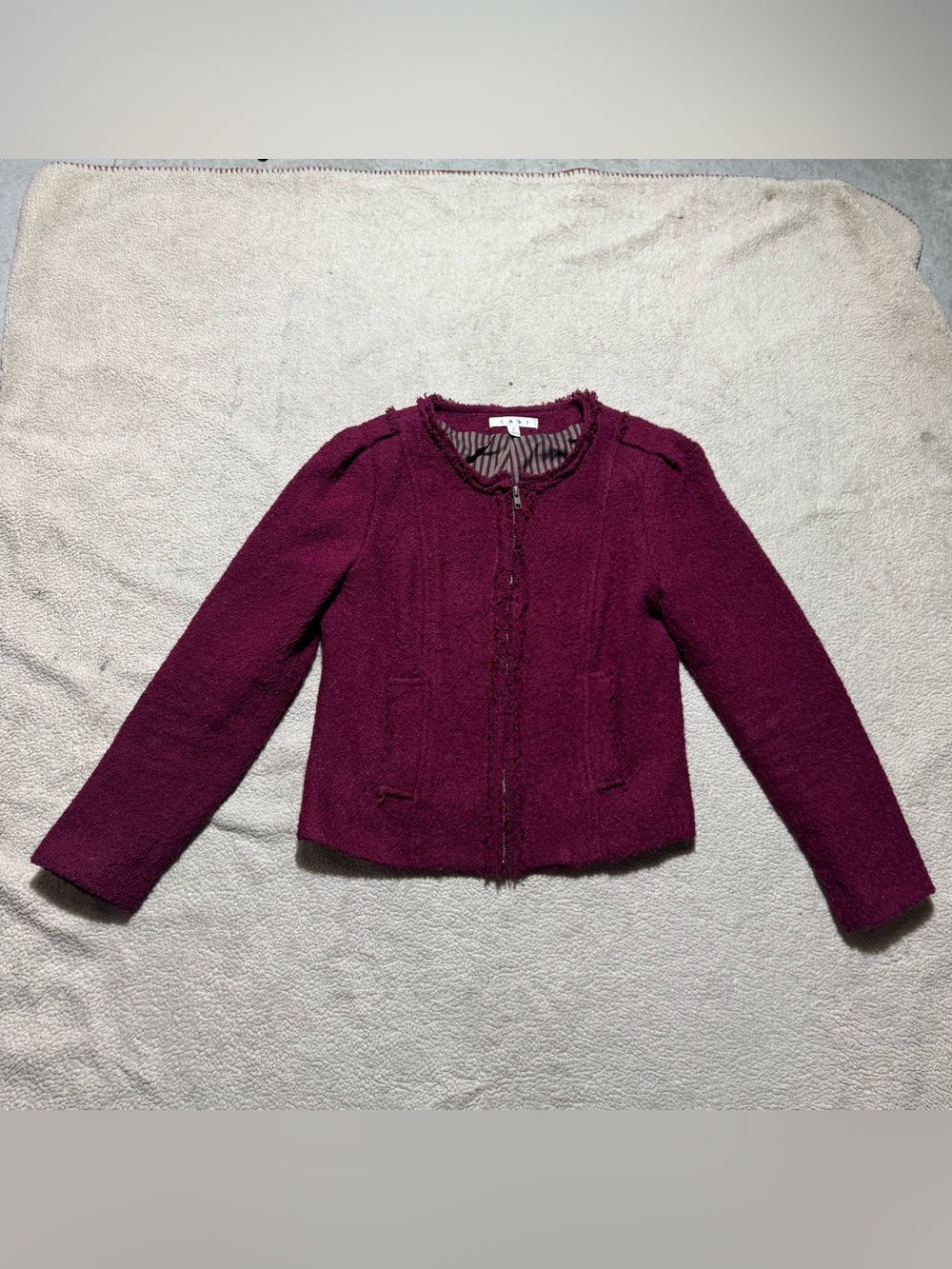 Cabi Jacket Womens 6 Britt Boucle Burgundy Tweed Full Zip Lined Acyclic Wool